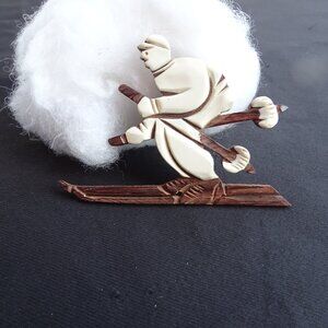 Vintage Unique Bakelite and Wood Skier Pin Brooch
